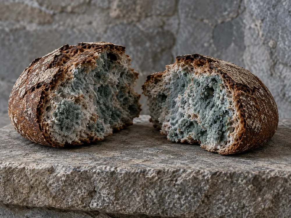 Rye bread loaf broken open with its crumb covered in blue-green mould - Roquefort | KnowTheCheese