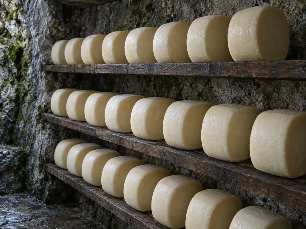 Round ivory cheeses standing on edge on dark wooden shelves in a stone cellar - Roquefort | KnowTheCheese