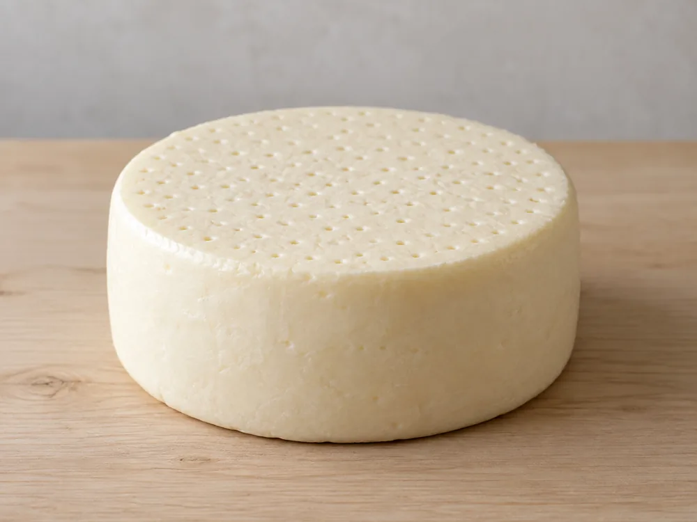 Plain ivory cylindrical cheese with small needle holes across its flat top - Roquefort | KnowTheCheese