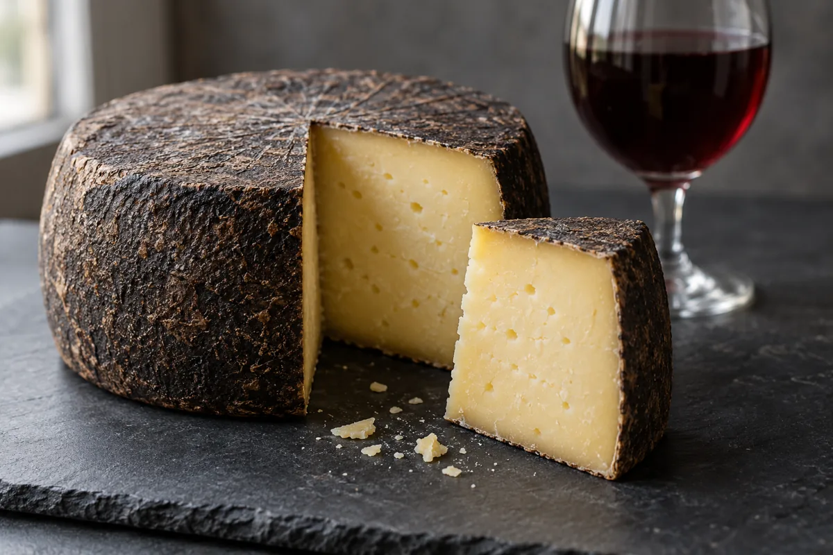 Round hard cheese with a dark rind, a cut wedge of yellow paste with small holes and a glass of red wine - Rotwein Bargler Extra Wurzig | KnowTheCheese