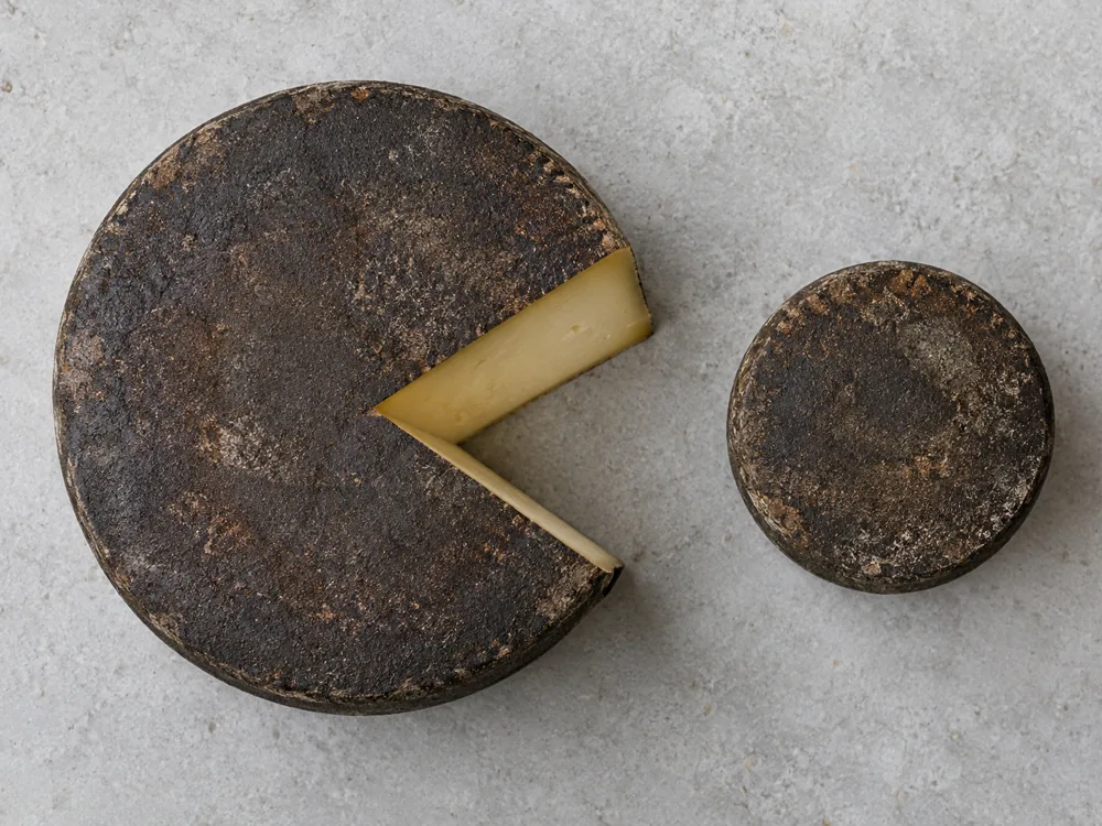 Overhead view of a large and a small round cheese wheel with dark black-brown rinds and a wedge cut from the large one - Rotwein Bargler Extra Wurzig | KnowTheCheese