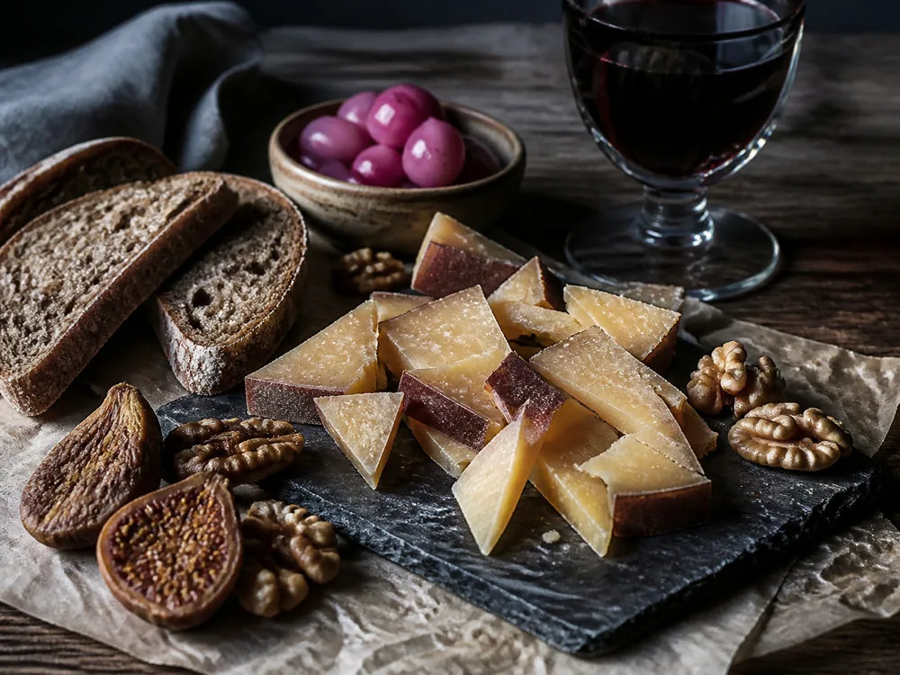 Small shards of red wine rind Swiss hard cheese with rye bread figs walnuts and red wine - Rotwein Bargler Extra Wurzig | KnowTheCheese