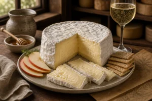 Saint-Andre-style triple-cream round with bloomy rind, apple, crackers, and sparkling wine - Saint-Andre cheese | KnowTheCheese