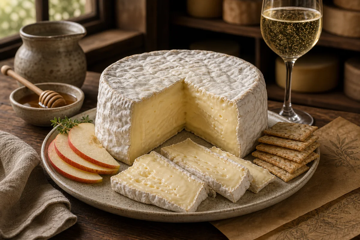 Saint-Andre-style triple-cream round with bloomy rind, apple, crackers, and sparkling wine - Saint-Andre cheese | KnowTheCheese