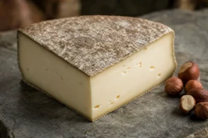 Wedge of Saint-Nectaire with mottled grey rind and supple paste - Saint-Nectaire cheese | KnowTheCheese