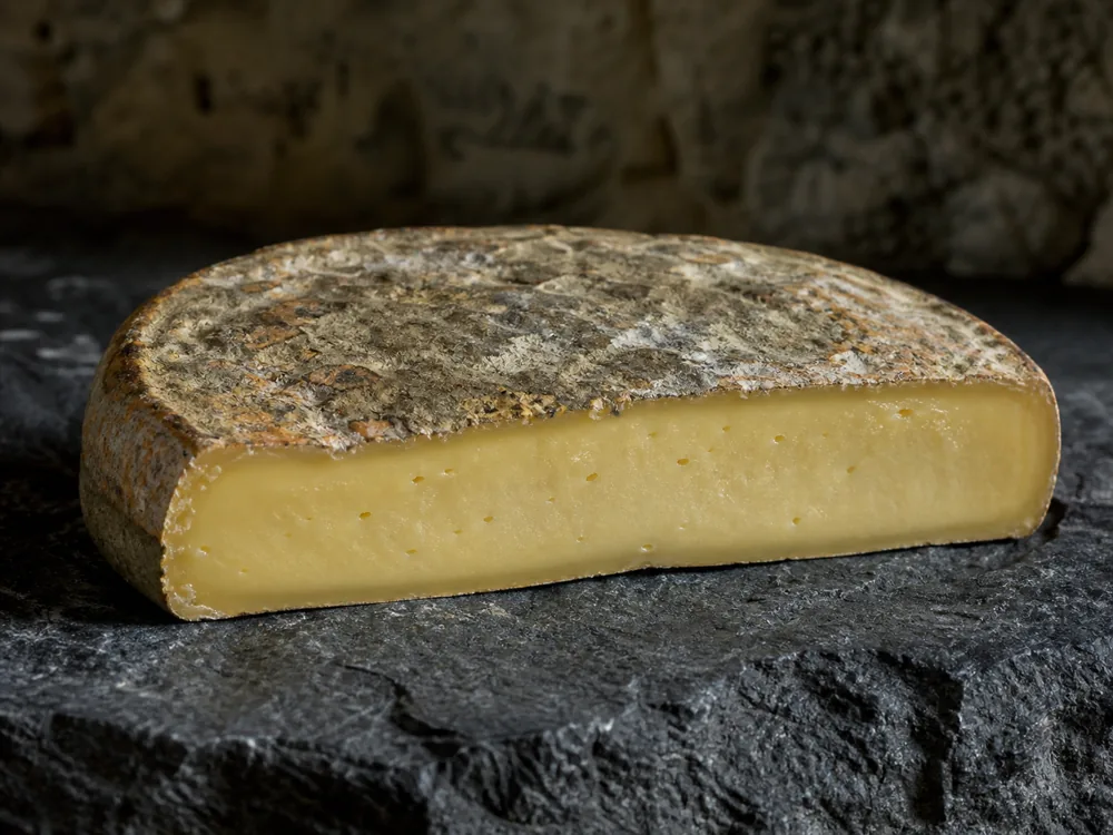 Cut Saint-Nectaire wheel with a mottled natural rind and supple ivory paste - Saint-Nectaire | KnowTheCheese