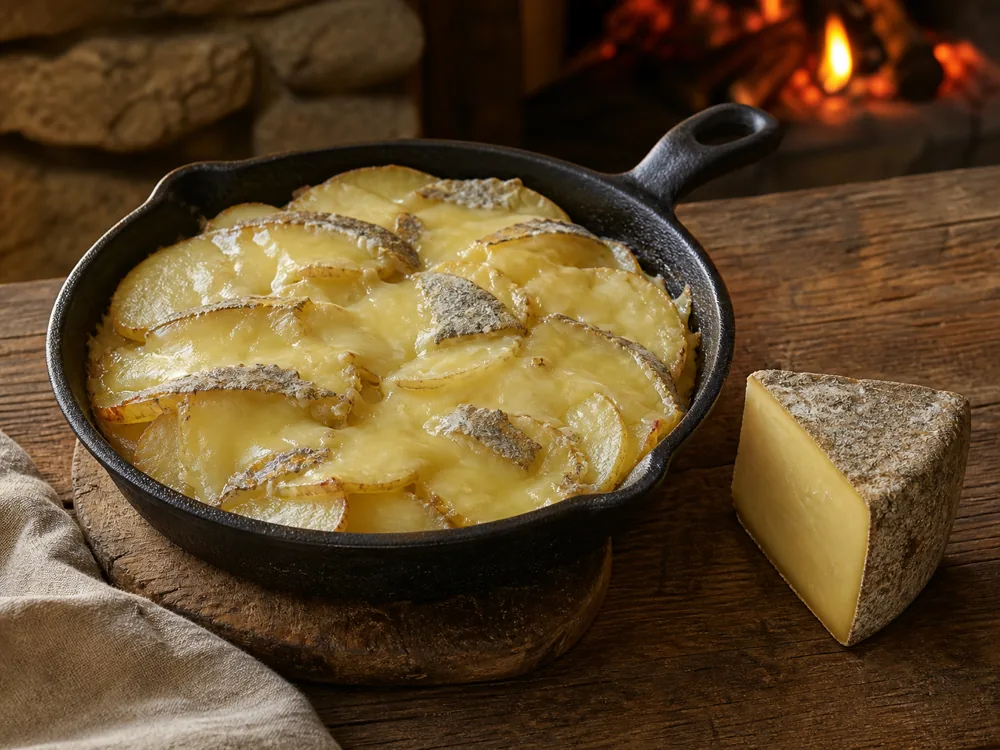 Saint-Nectaire melted gently over potatoes in a small skillet - Saint-Nectaire | KnowTheCheese
