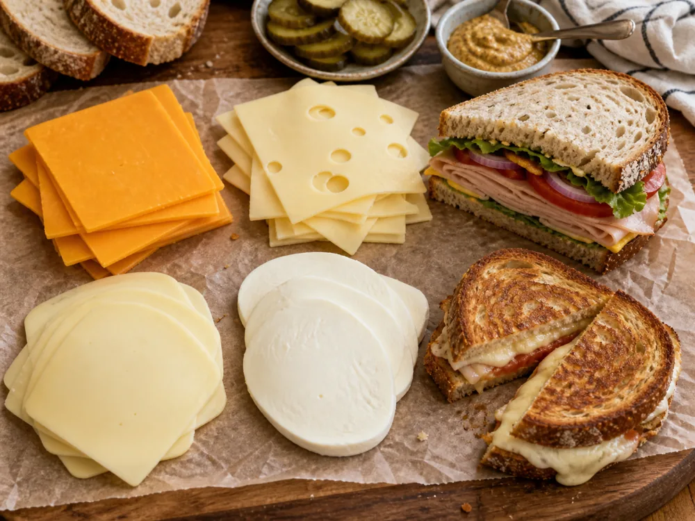 Sandwich prep board with cheddar, Swiss-style slices, provolone-style slices, mozzarella, a deli sandwich, and a toasted sandwich