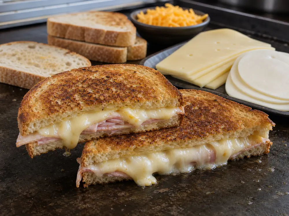 Hot ham sandwich with melted cheese beside Gruyere-style and provolone-style slices - Best cheese for sandwiches | KnowTheCheese