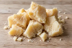 Broken chunks of extra-hard cheese with pale yellow granular paste on a wooden board - Sbrinz cheese | KnowTheCheese