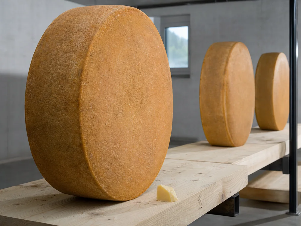 Large Sbrinz wheels aging upright on fir beams - Sbrinz cheese | KnowTheCheese