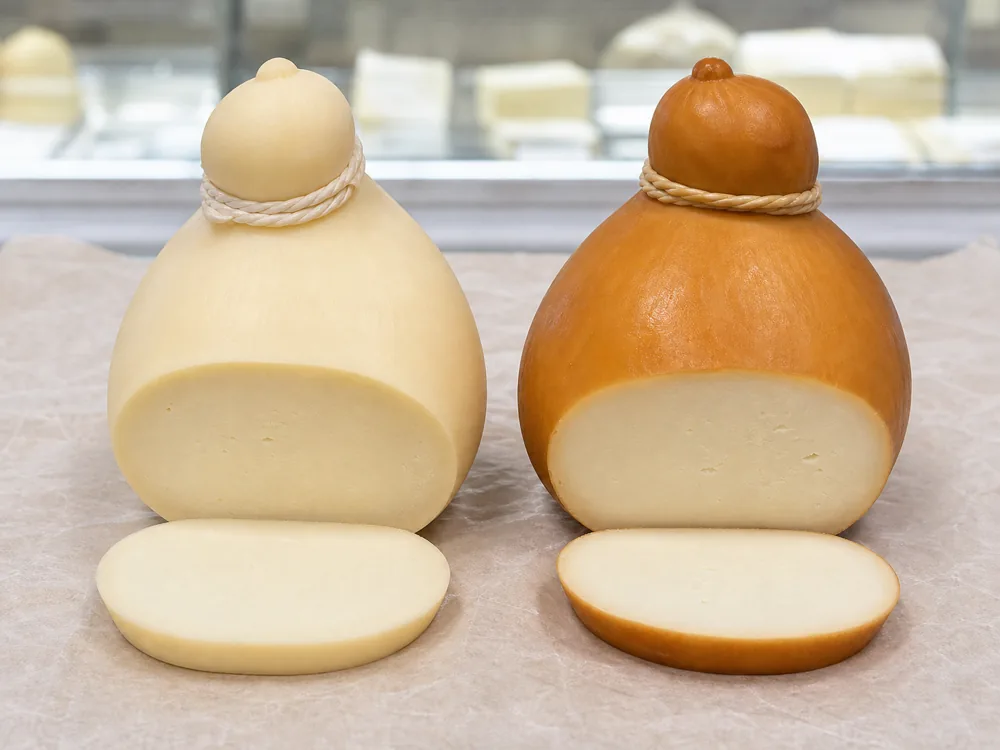 Plain and smoked pear-shaped Scamorza compared by exterior and cut paste - Scamorza | KnowTheCheese