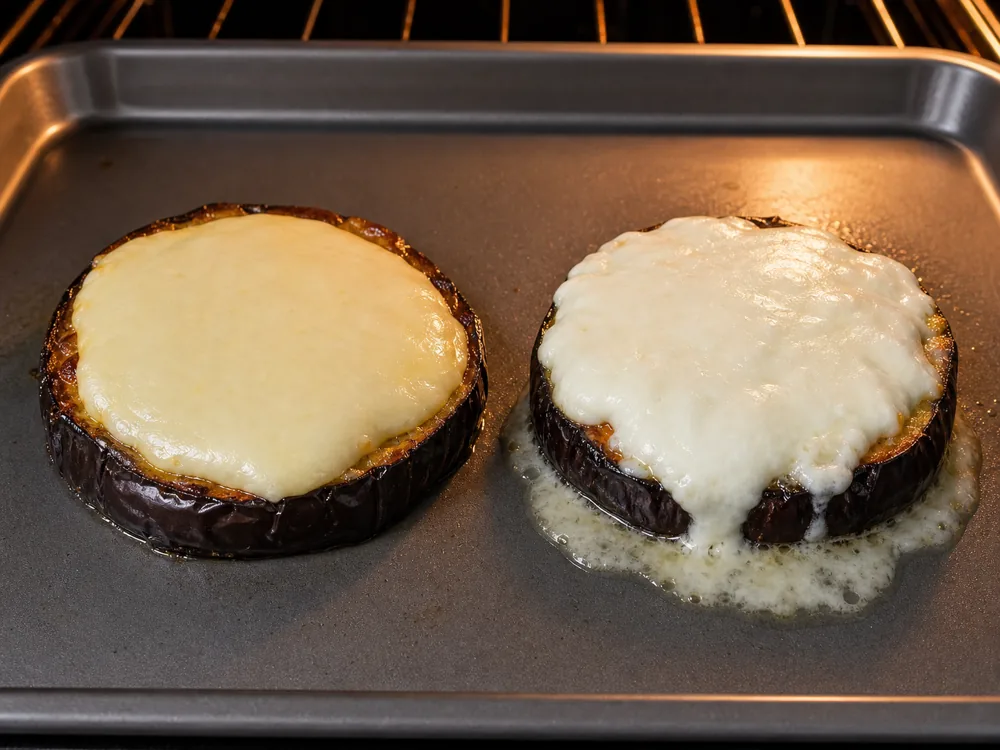Scamorza and fresh mozzarella compared for moisture release on baked eggplant - Scamorza | KnowTheCheese
