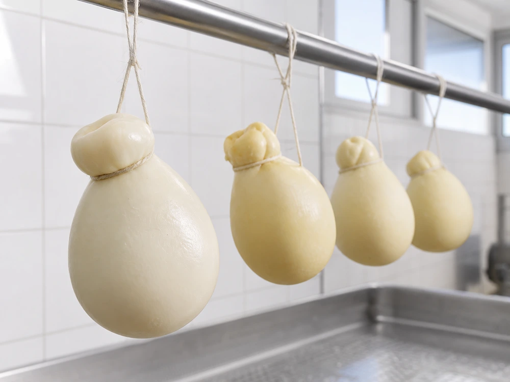 Fresh Scamorza cheeses hanging by their tied necks to dry - Scamorza cheese | KnowTheCheese