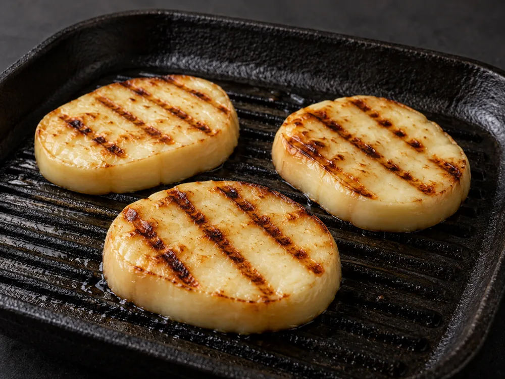 Thick slices of scamorza on a grill pan - Scamorza cheese | KnowTheCheese