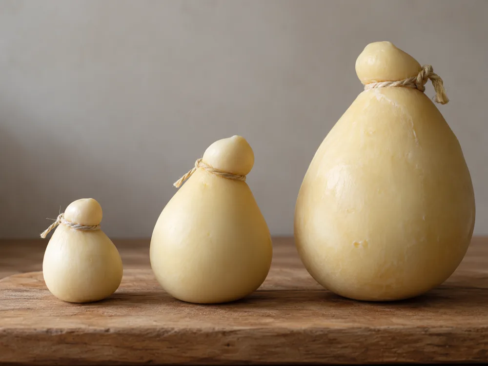 Three pear-shaped scamorza cheeses tied at the neck, small, medium and large, in a row - Scamorza cheese | KnowTheCheese