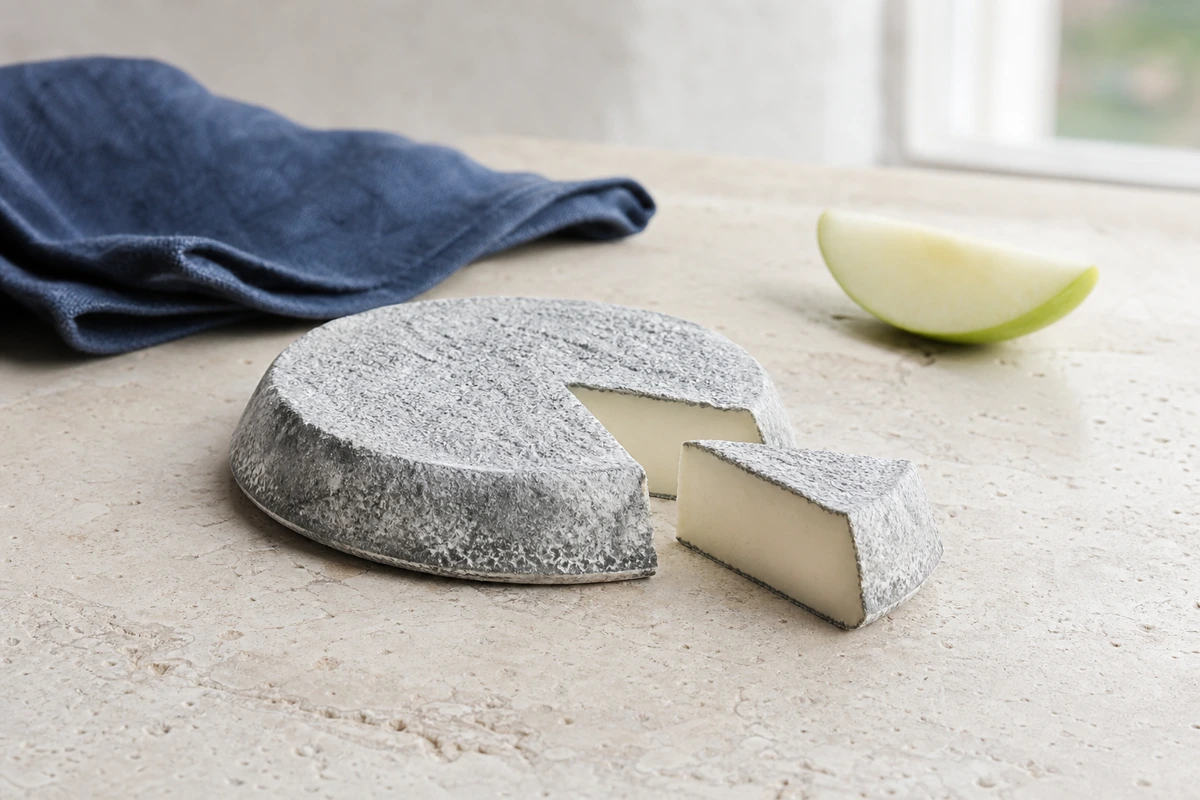 Low ash-coated Selles-sur-Cher disk cut to show its ivory paste - Selles-sur-Cher cheese | KnowTheCheese