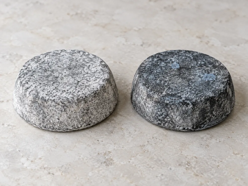 Two low charcoal-coated cheese disks, one light grey and one darker blue-grey - Selles-sur-Cher | KnowTheCheese