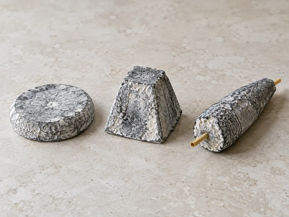 A flat grey disk, a truncated pyramid and a cone-shaped log with a straw through it - Selles-sur-Cher | KnowTheCheese