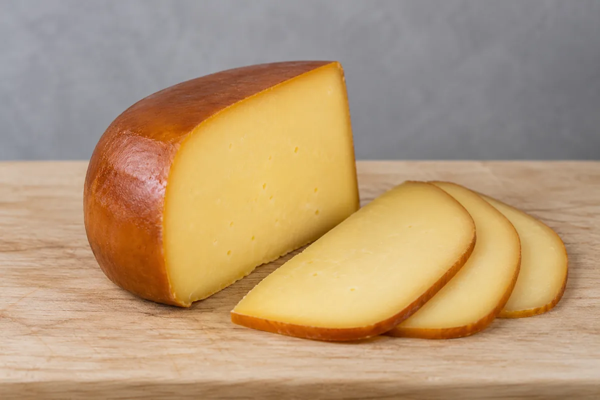 Smoked Gouda wedge with a darker brown outside and creamy yellow interior, three slices beside it - Smoked Gouda | KnowTheCheese