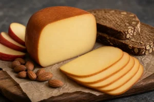 Smoked Gouda wedge and slices with apple, almonds, and dark bread - Smoked Gouda cheese | KnowTheCheese