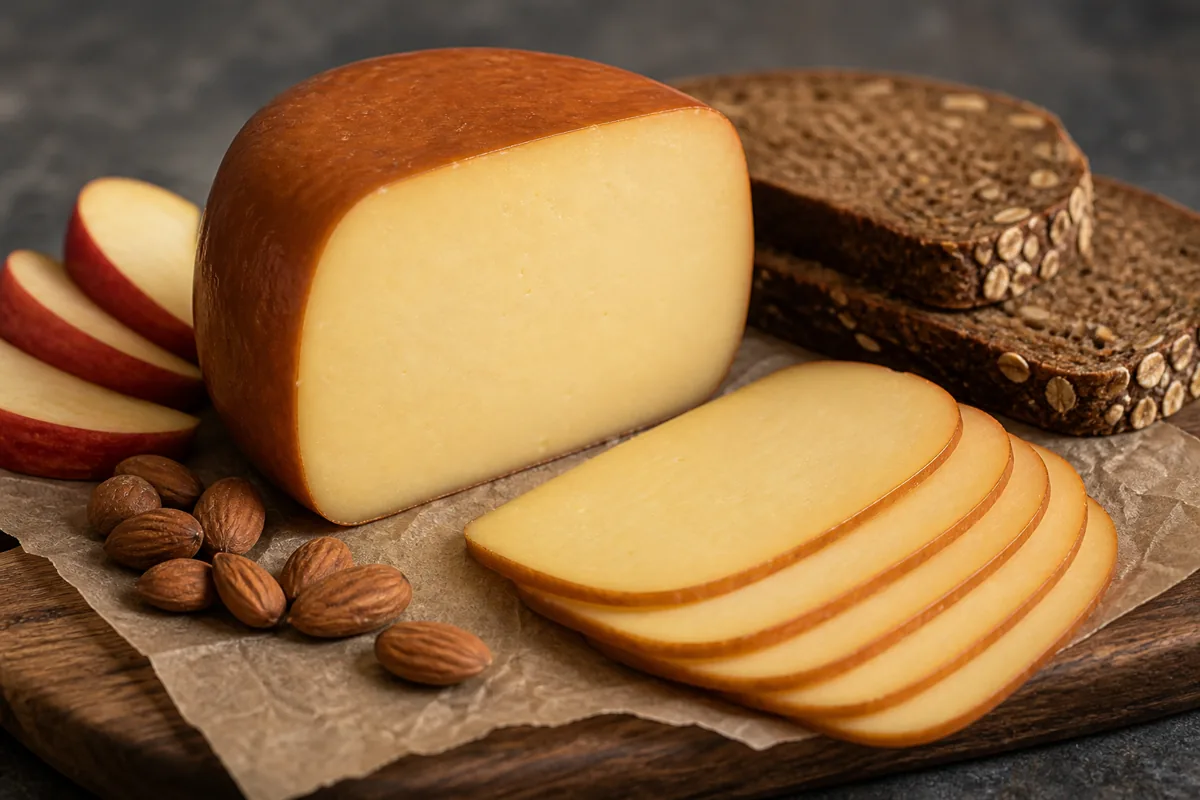 Smoked Gouda wedge and slices with apple, almonds, and dark bread - Smoked Gouda cheese | KnowTheCheese
