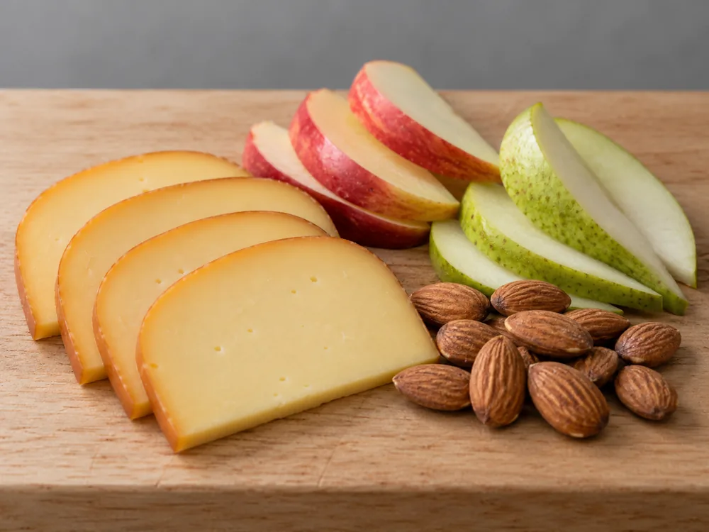 Smoked Gouda slices beside apple slices, pear slices and almonds - Smoked Gouda | KnowTheCheese