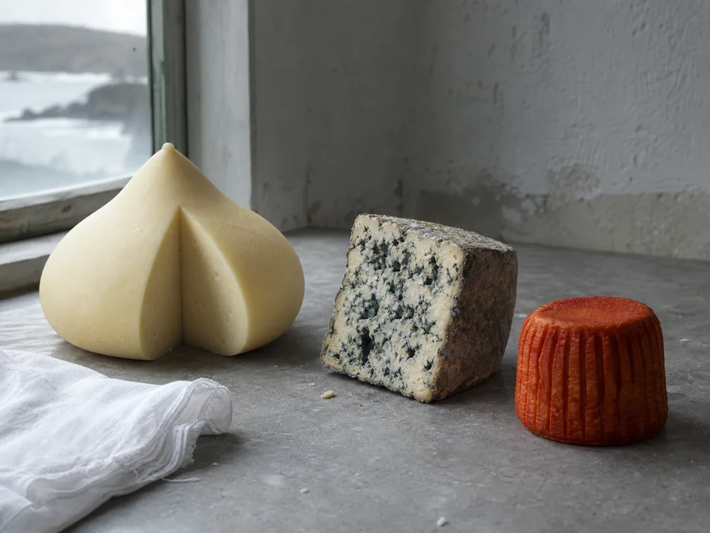 Conical Tetilla-style cheese, veined Cabrales-style blue, and paprika-coated Afuega'l Pitu-style cheese - Spanish cheese regions | KnowTheCheese