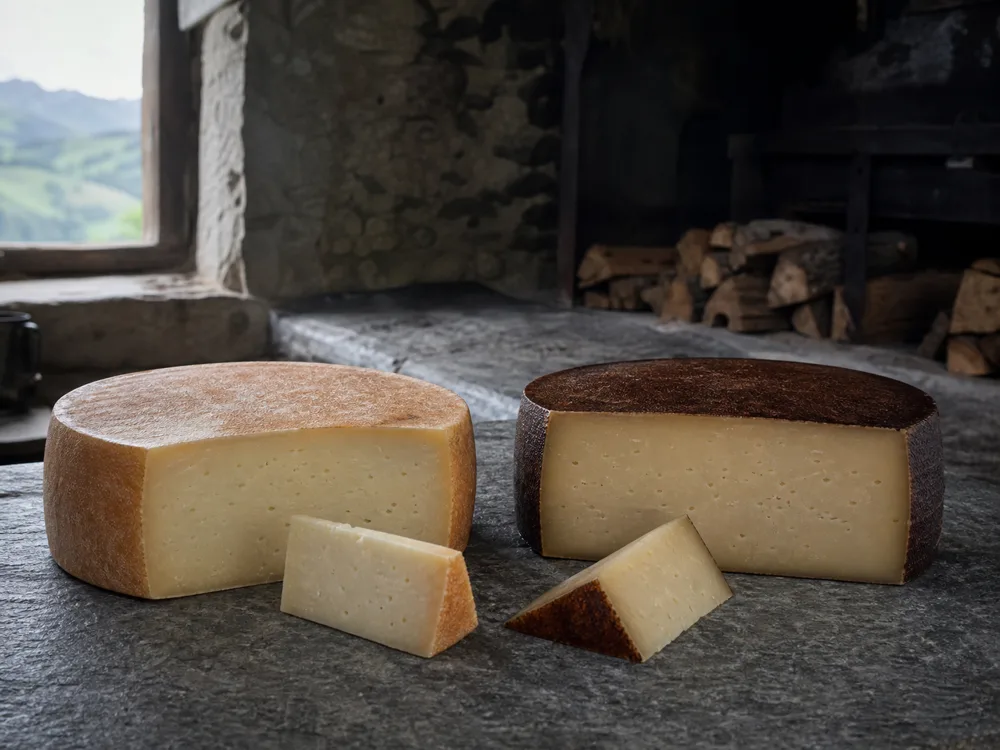 Natural and smoked Idiazabal-style sheep cheese wheels with tan and dark brown rinds - Spanish cheese regions | KnowTheCheese