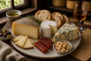 Spanish-style cheese board with Manchego-style wedge, goat cheese, blue cheese, quince, and almonds - Spain cheese region guide | KnowTheCheese
