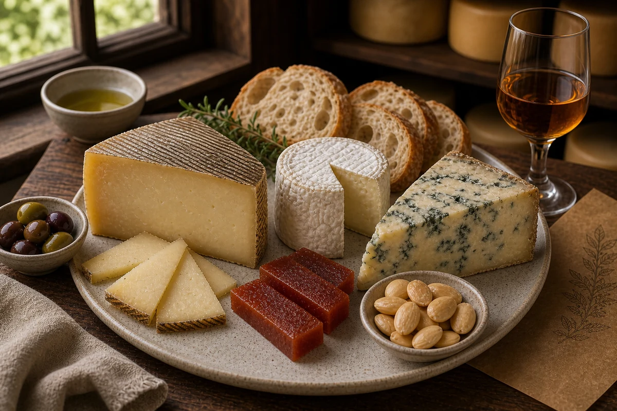 Spanish-style cheese board with Manchego-style wedge, goat cheese, blue cheese, quince, and almonds - Spain cheese region guide | KnowTheCheese