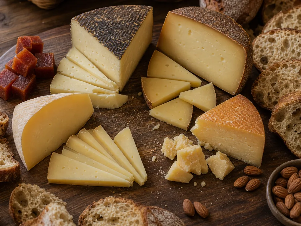 Spanish cheese spread with Manchego, Idiazabal, Mahon, Tetilla, bread, quince paste, and almonds