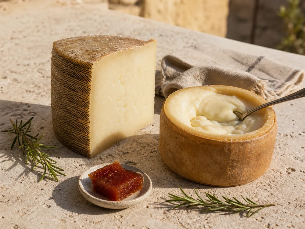 Crosshatched Manchego-style wedge beside an opened spoonable Torta del Casar-style wheel - Spanish cheese regions | KnowTheCheese