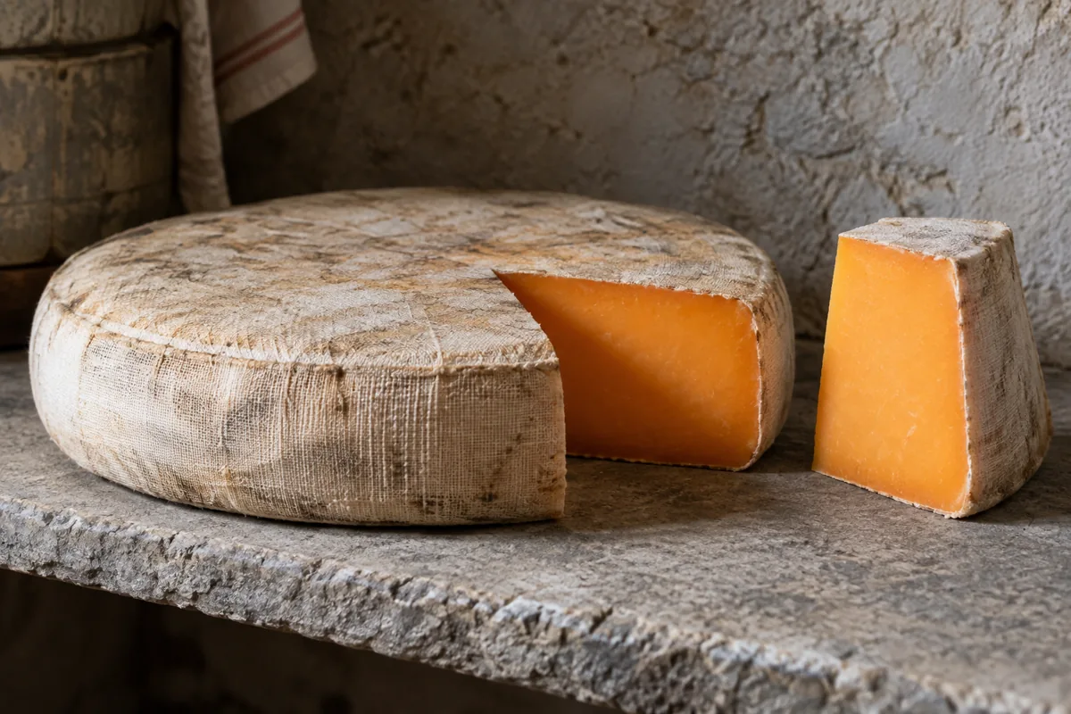 Flat cloth-bound cheese wheel with a wedge cut out showing orange paste - Sparkenhoe Red Leicester | KnowTheCheese