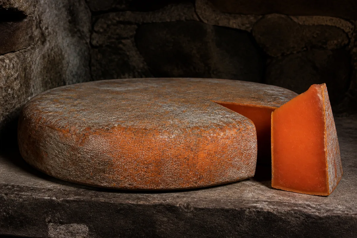 Flat clothbound wheel with orange-stained cloth and a cut wedge showing dense orange paste - Sparkenhoe Red Leicester | KnowTheCheese