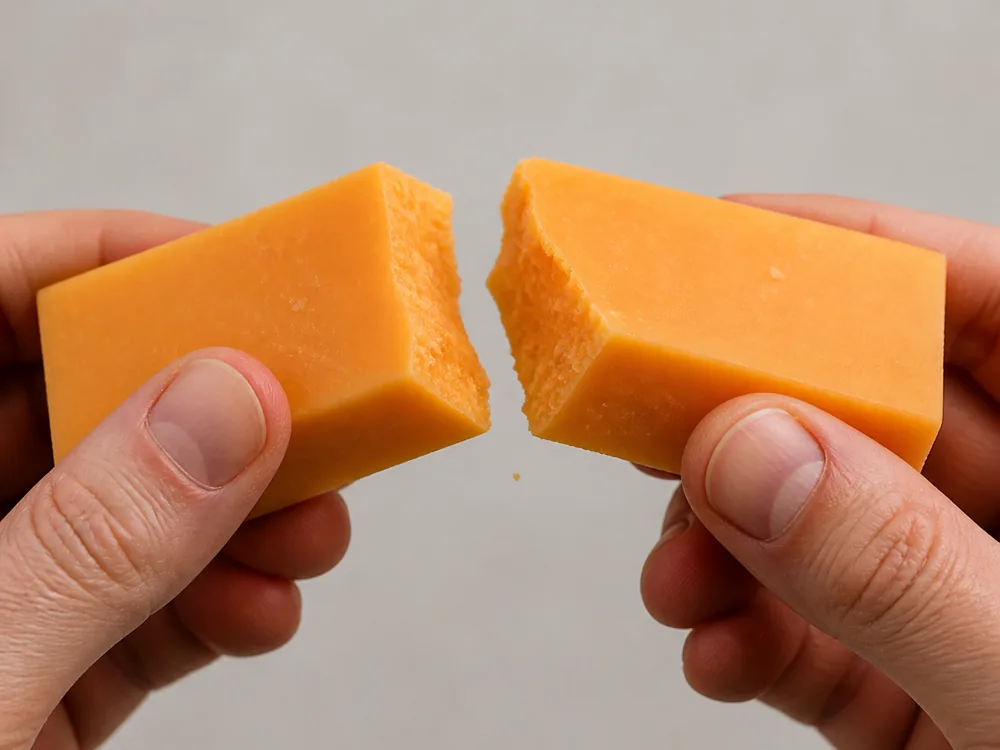 A thick baton of orange cheese snapping cleanly across to show a bright flaky fracture - Sparkenhoe Red Leicester | KnowTheCheese