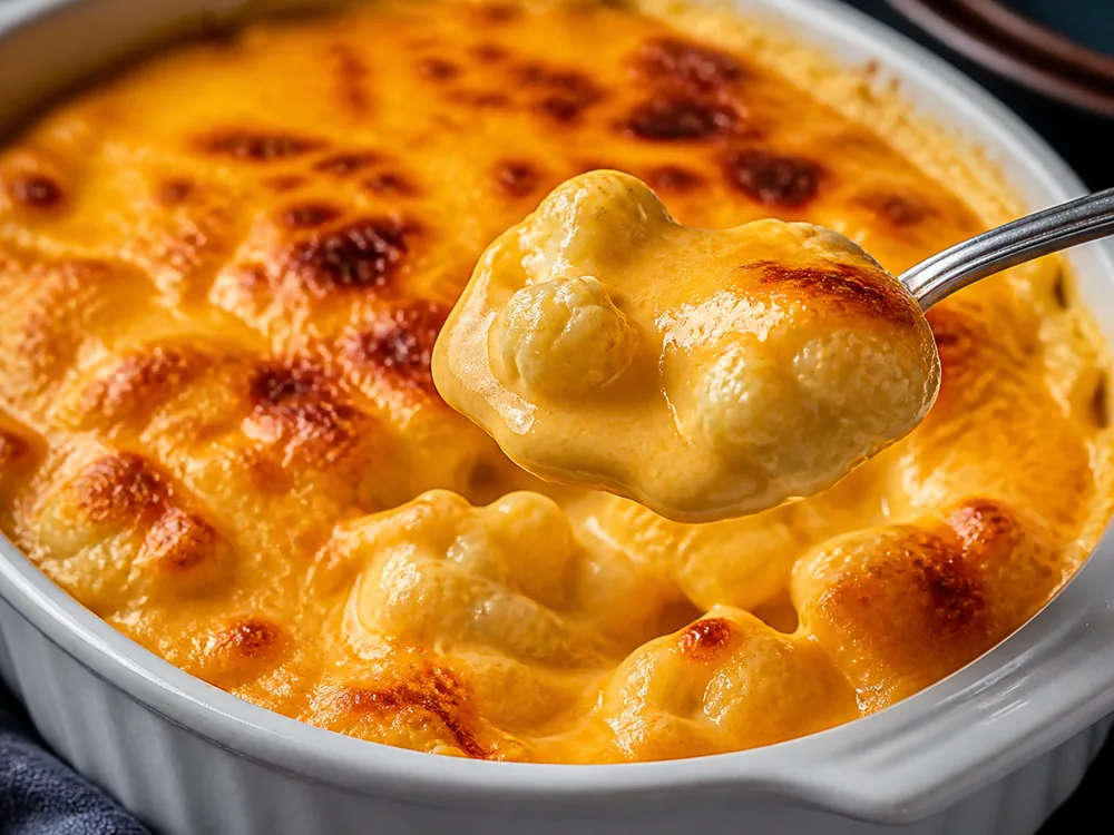 Cauliflower under a browned deep orange cheese sauce with one spoonful lifted to show it is smooth - Sparkenhoe Red Leicester | KnowTheCheese