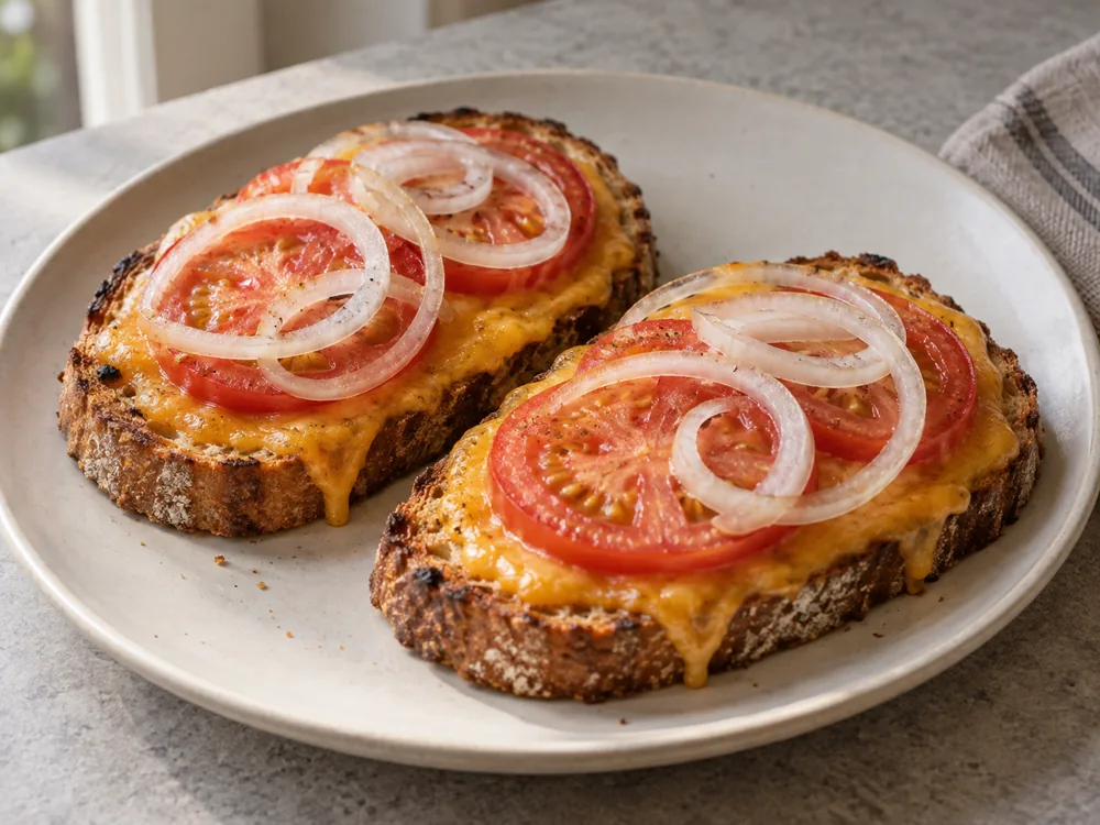 Toast topped with melted orange cheese, tomato and onion - Sparkenhoe Red Leicester | KnowTheCheese