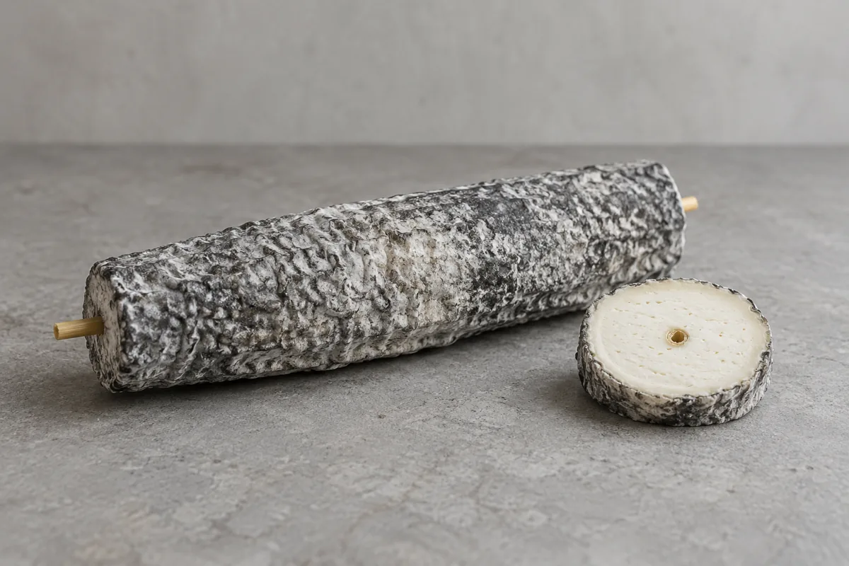 Tapered ash-coated Sainte-Maure de Touraine log with a cereal straw and one cut slice - Sainte-Maure de Touraine cheese | KnowTheCheese