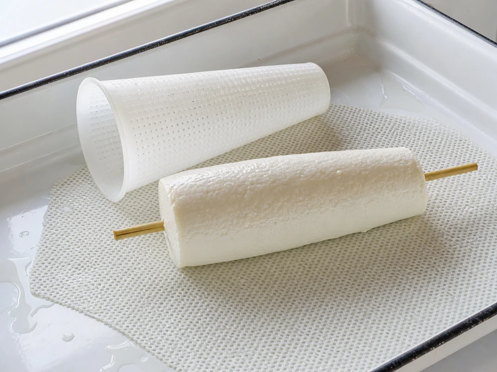 Fresh Sainte-Maure de Touraine curd log with cereal straw beside its mold - Sainte-Maure de Touraine cheese | KnowTheCheese