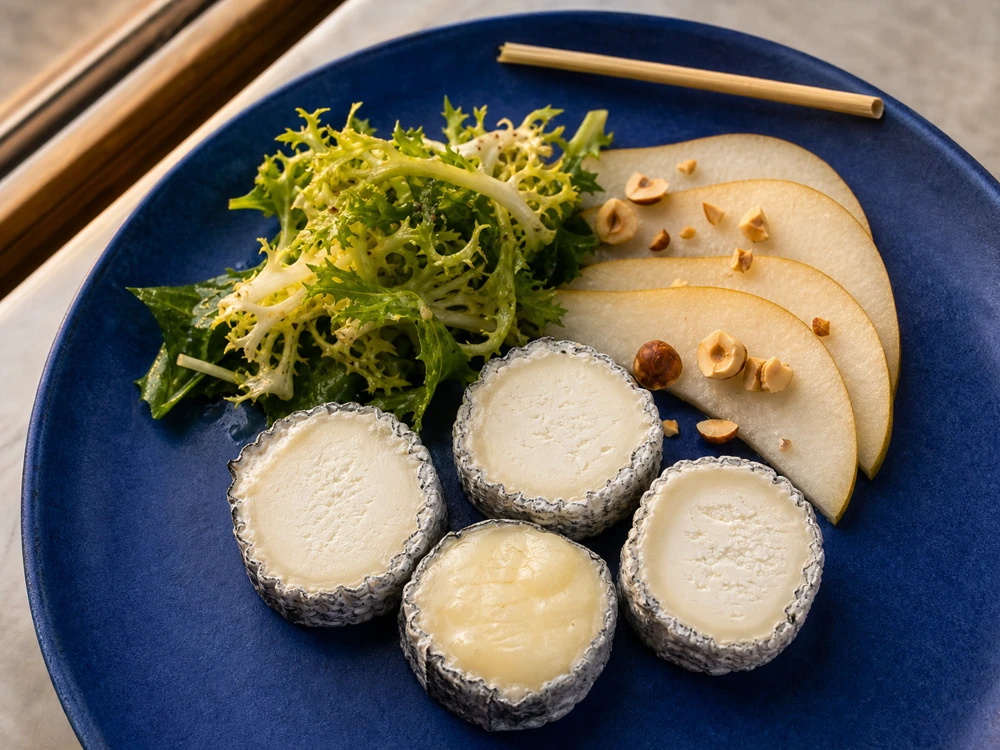 Sainte-Maure de Touraine medallions with bitter leaves pear and hazelnuts - Sainte-Maure de Touraine cheese | KnowTheCheese