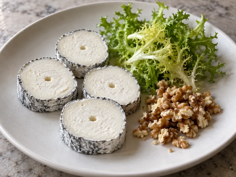 Ash-coated Sainte-Maure de Touraine medallions with chicory leaves and crushed walnuts - Sainte-Maure de Touraine cheese | KnowTheCheese