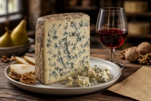 Stilton-style blue cheese wedge with port, walnuts, and pear - Stilton cheese | KnowTheCheese