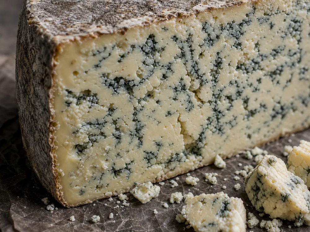 Cross-section of Stilton showing irregular blue veining through natural fissures - Stilton cheese | KnowTheCheese
