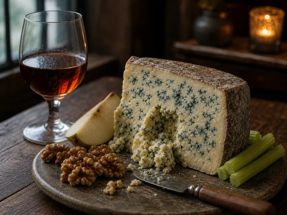 Stilton served with tawny port, walnuts, and celery on an after-dinner board - Stilton cheese | KnowTheCheese