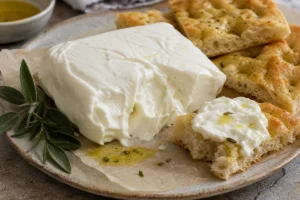 Stracchino-style creamy cheese with focaccia, olive oil, and herbs - Stracchino cheese | KnowTheCheese