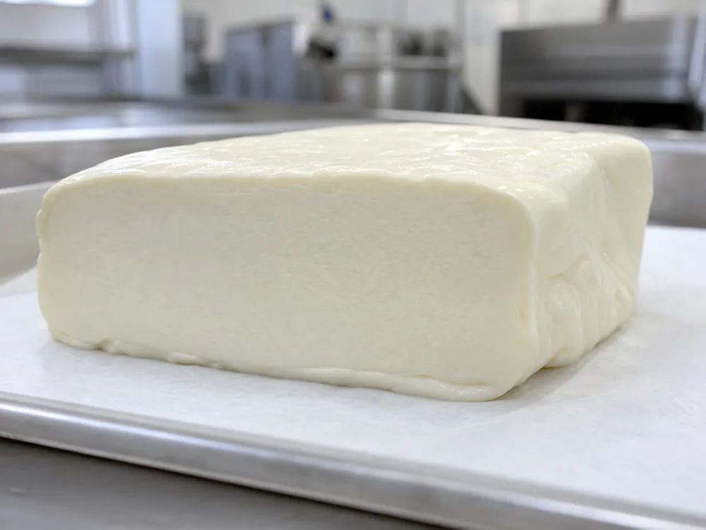 Fresh Stracchino block with a moist smooth cut face and softly relaxed edge