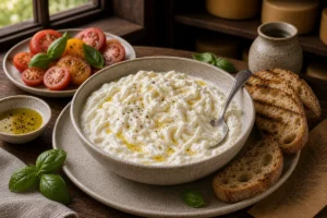 Stracciatella cheese with mozzarella shreds in cream, tomatoes, basil, and grilled bread - Stracciatella cheese | KnowTheCheese
