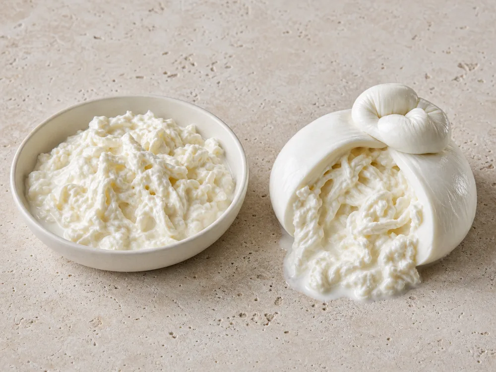 Loose Stracciatella beside a cut-open Burrata pouch - Stracciatella | KnowTheCheese