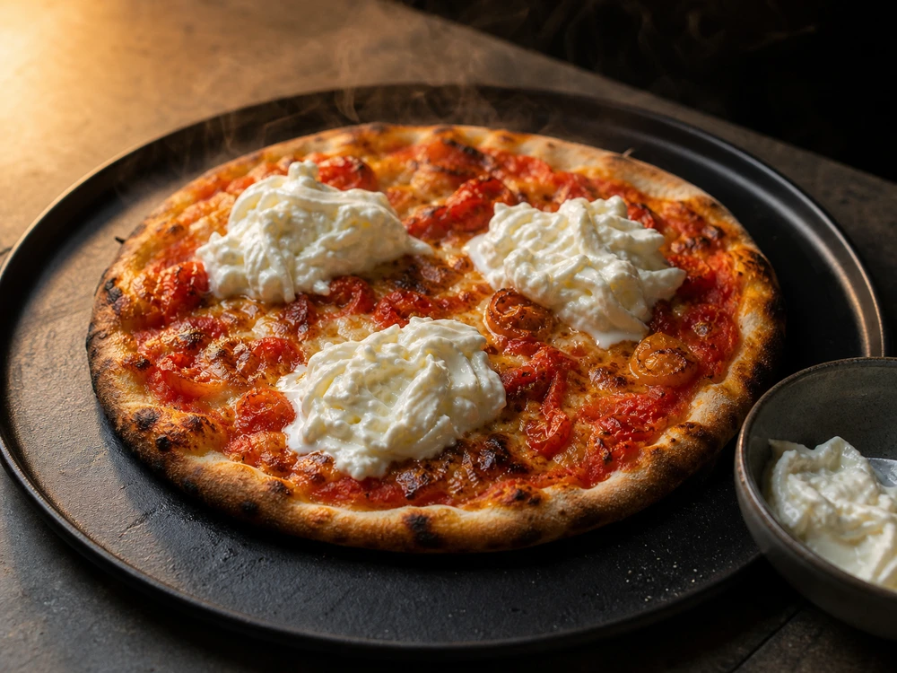 Cool Stracciatella spooned onto a pizza after baking - Stracciatella cheese | KnowTheCheese